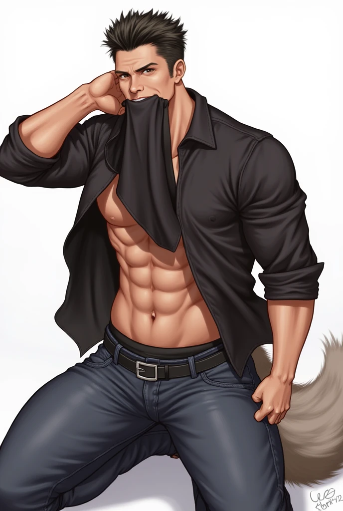 leo alvarez, muscular, bara, wolf tail, (posing:1.3), (soft shading), 4k, hi res, five fingers, detailed hands, ((detailed face, (detailed eyes:1.0), detailed)), by zackarry911, by zaush, (by personalami:0.5), solo, looking at viewer, short hair, shirt, 1boy, navel, nipples, full body, male focus, thighs, belt, boxers, stomach, clothes lift, black shirt, kneeling, mouth hold, shirt lift, thick thighs, abs, denim, lifted by self, arm behind head, bulge, bare pectorals, seductive smile, clothes in mouth, shirt in mouth