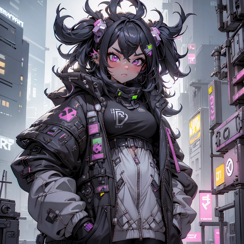 Cyberpunkgirl,blackandwhitemeshhair,cyberpunkcity,nightcity,background,1girl,blackandwhitejacket,higresolution,masterpiece,bestquality,hd,highdetails,nightview,8k,32k,