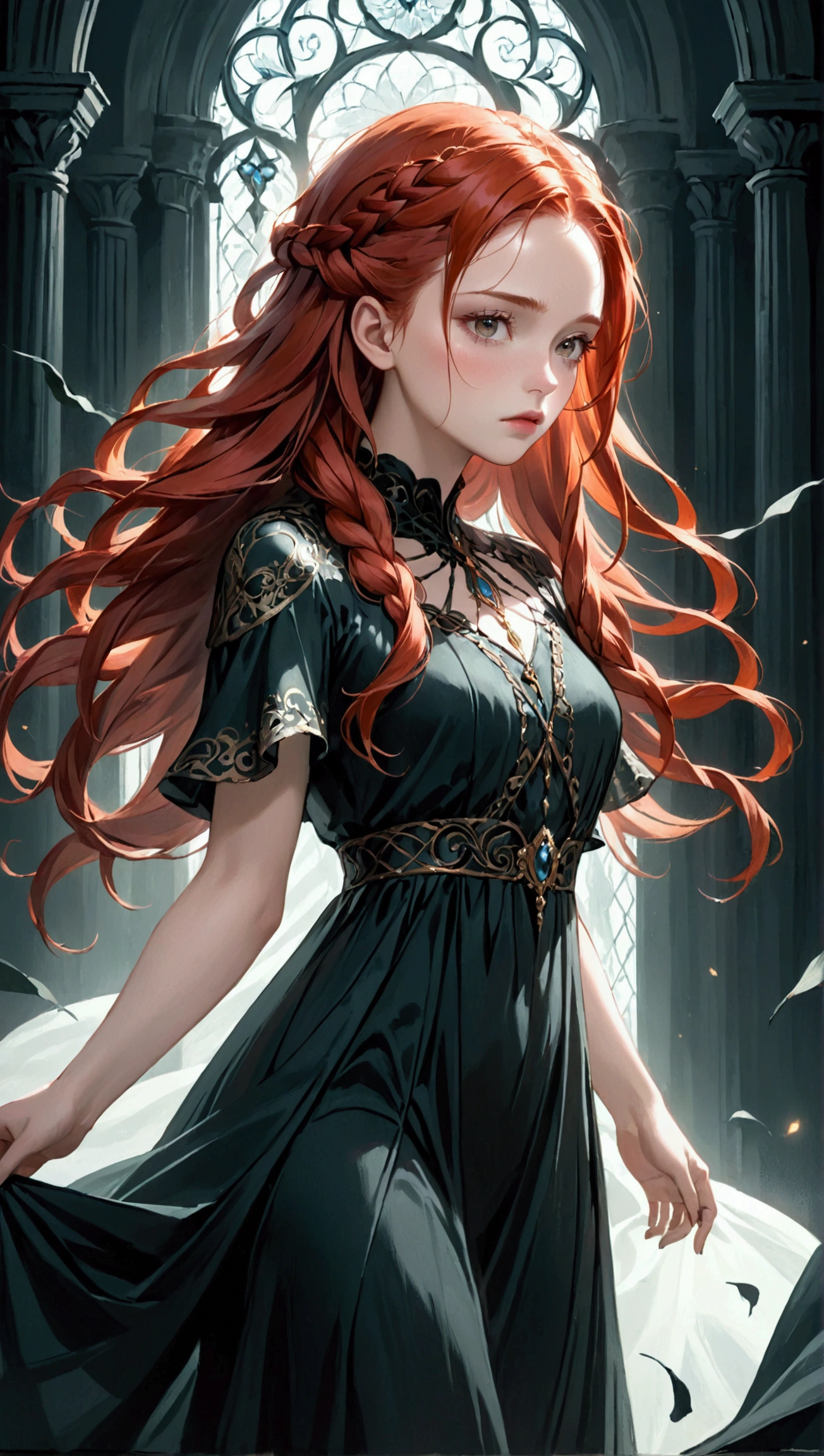 a beautiful redheaded woman in her 20s, wild hair, braids, dark fantasy, gloomy, highly detailed face, detailed eyes, detailed lips, elegant flowing dress, dramatic lighting, cinematic composition, moody colors, dark tones, painterly style