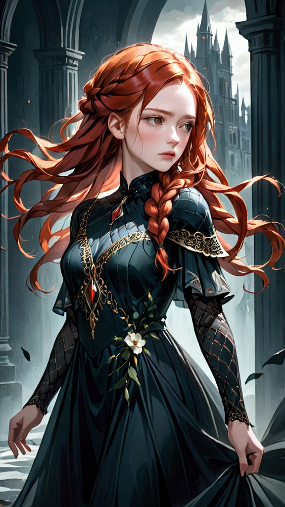a beautiful redheaded woman in her 20s, wild hair, braids, dark fantasy, gloomy, highly detailed face, detailed eyes, detailed lips, elegant flowing dress, dramatic lighting, cinematic composition, moody colors, dark tones, painterly style