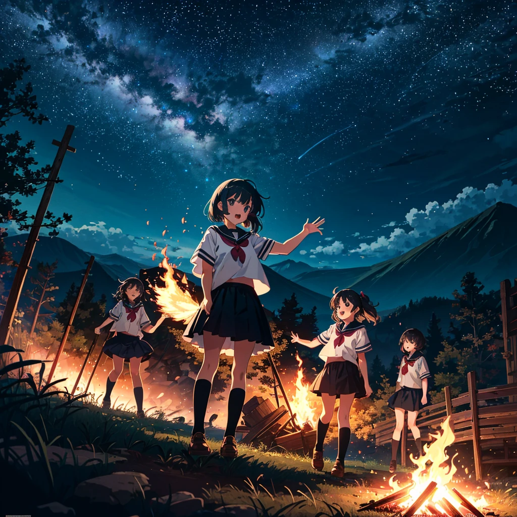 (Anime Artwork: 1.5), Best Quality, Masterpiece, (Uncensored: 0.9), Perfect Lighting, Rated_Explicit, Very Aesthetic, Anime, Super Detailed, 8K, Highly Detailed, Physically Based Rendering, Cinematic lighting, dynamic angle, official art, BREAK (little_girl:1.3), ((kindergartener)), casual, toddler, (kawaii:1.1), beautiful girl, girls dancing around the fire, mouth wide open, black Eyes, flat chest, BREAK 3 girls, school uniform, kindergarten uniform, summer, field, river, mountain, campfire, tent, (night sky: 1.3), (night: 1.3), pose,