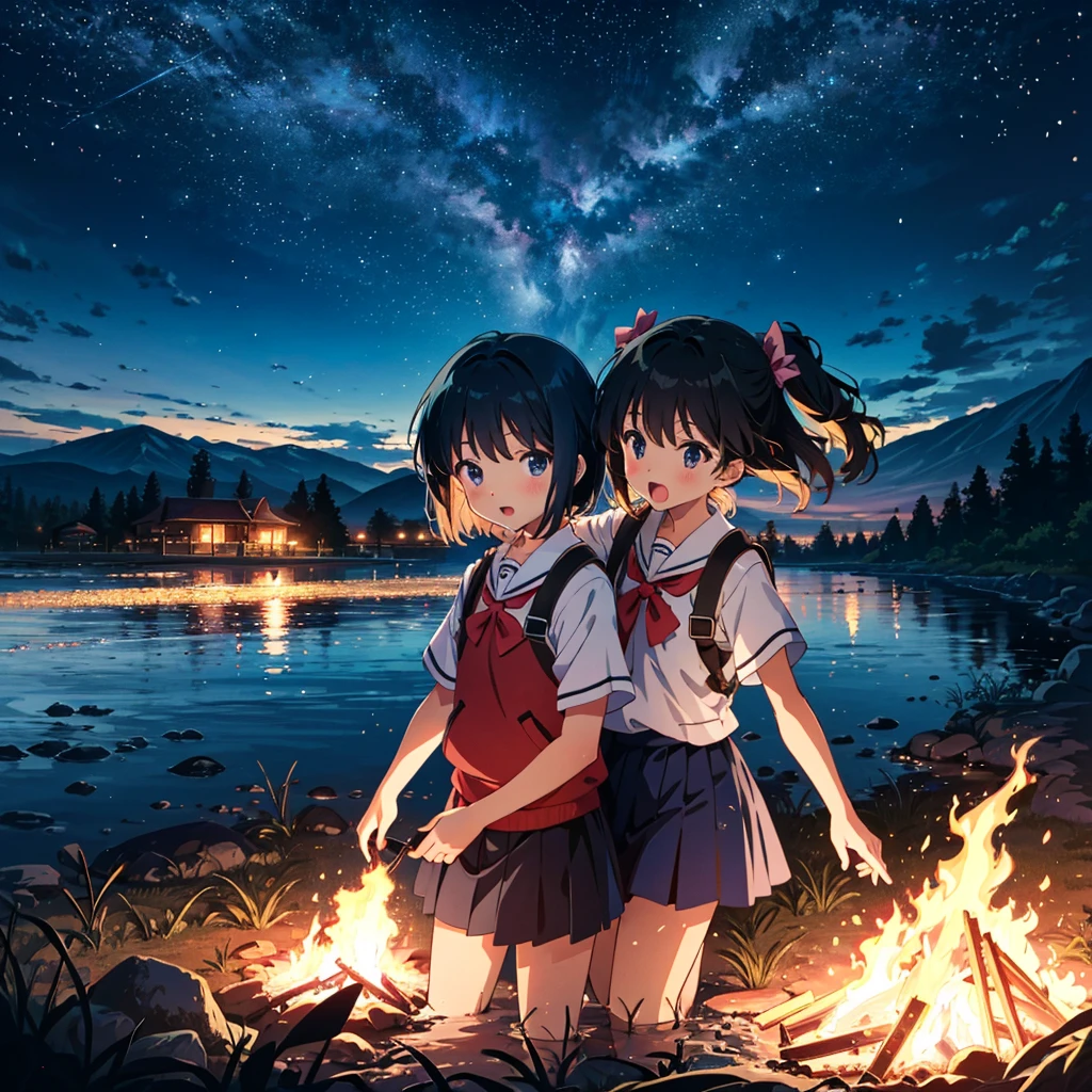 (Anime Artwork: 1.5), Best Quality, Masterpiece, (Uncensored: 0.9), Perfect Lighting, Rated_Explicit, Very Aesthetic, Anime, Super Detailed, 8K, Highly Detailed, Physically Based Rendering, Cinematic lighting, dynamic angle, official art, BREAK (little_girl:1.3), ((kindergartener)), casual, toddler, (kawaii:1.1), beautiful girl, girls dancing around the fire, mouth wide open, black Eyes, flat chest, BREAK 3 girls, school uniform, kindergarten uniform, summer, field, river, mountain, campfire, tent, (night sky: 1.3), (night: 1.3), pose,