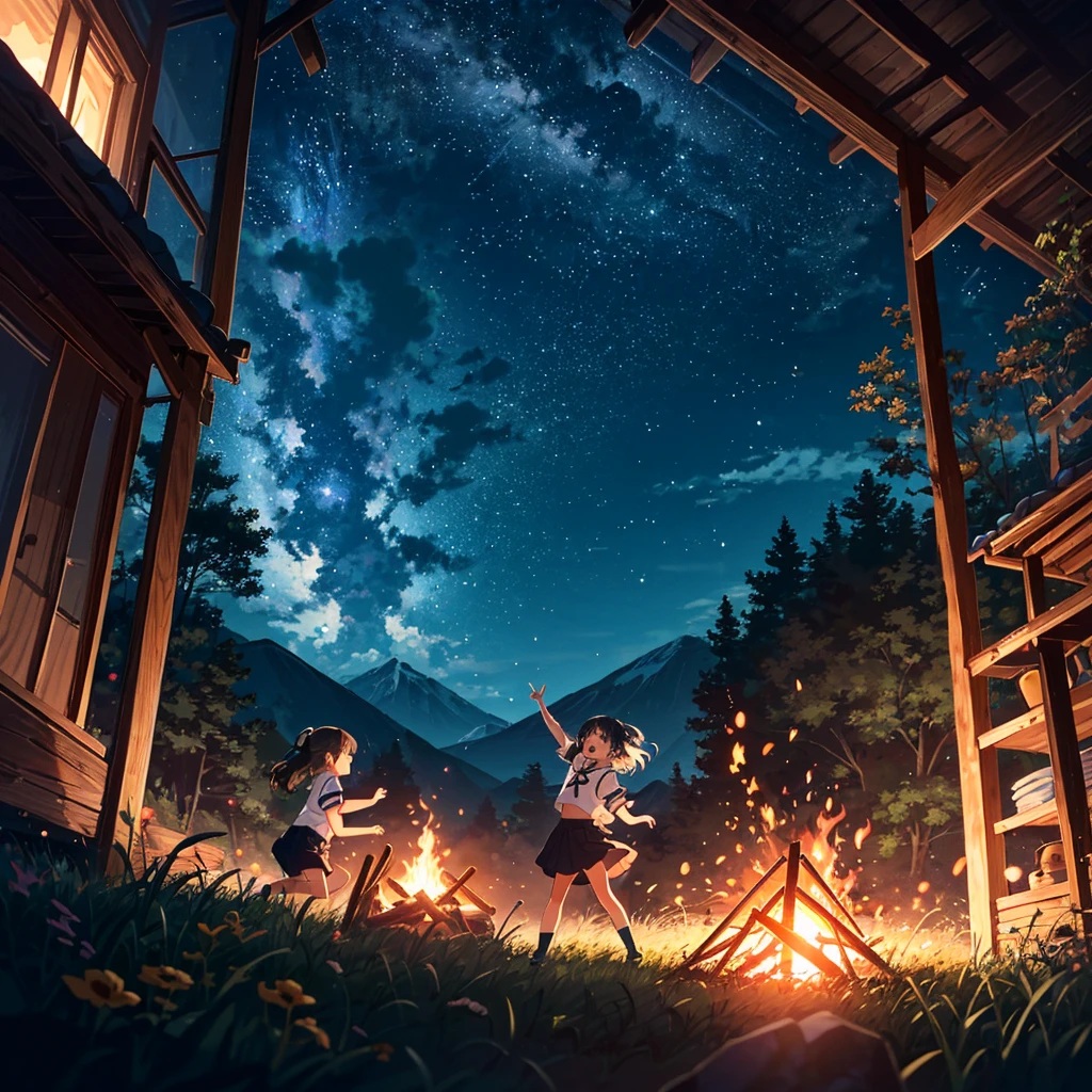 (Anime Artwork: 1.5), Best Quality, Masterpiece, (Uncensored: 0.9), Perfect Lighting, Rated_Explicit, Very Aesthetic, Anime, Super Detailed, 8K, Highly Detailed, Physically Based Rendering, Cinematic lighting, dynamic angle, official art, BREAK (little_girl:1.3), ((kindergartener)), casual, toddler, (kawaii:1.1), beautiful girl, girls dancing around the fire, mouth wide open, black Eyes, flat chest, BREAK 3 girls, school uniform, kindergarten uniform, summer, field, river, mountain, campfire, tent, (night sky: 1.3), (night: 1.3), pose,