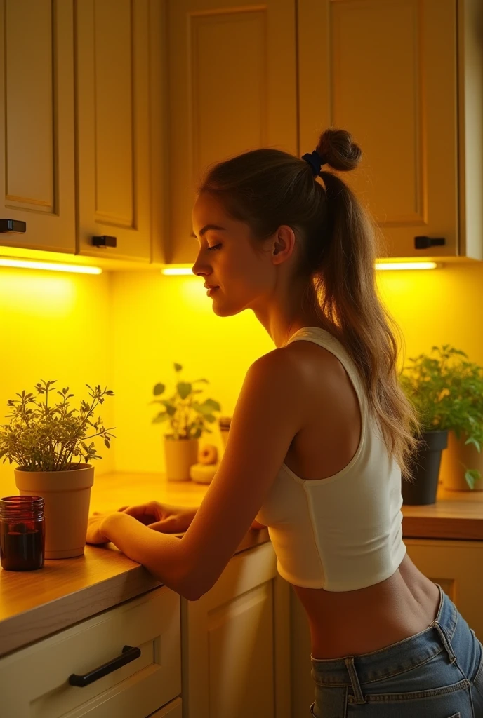 Fitted kitchen, with woman, yellow lighting color, and plants inside