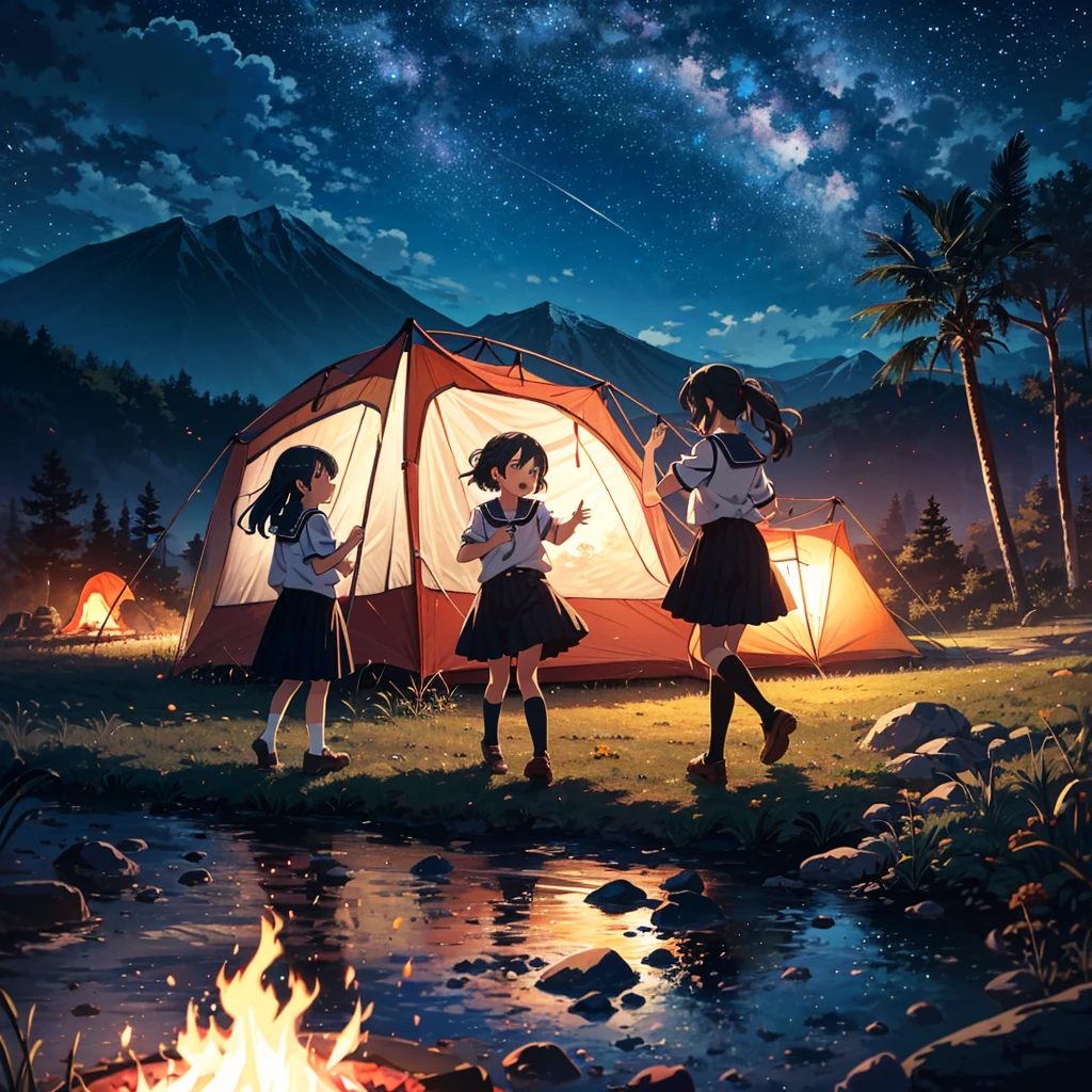 (Anime Artwork: 1.5), Best Quality, Masterpiece, (Uncensored: 0.9), Perfect Lighting, Rated_Explicit, Very Aesthetic, Anime, Super Detailed, 8K, Highly Detailed, Physically Based Rendering, Cinematic lighting, dynamic angle, official art, BREAK (little_girl:1.3), ((kindergartener)), casual, toddler, (kawaii:1.1), beautiful girl, girls dancing around the fire, mouth wide open, black Eyes, flat chest, BREAK 3 girls, school uniform, kindergarten uniform, summer, field, river, mountain, campfire, tent, (night sky: 1.3), (night: 1.3), pose,
