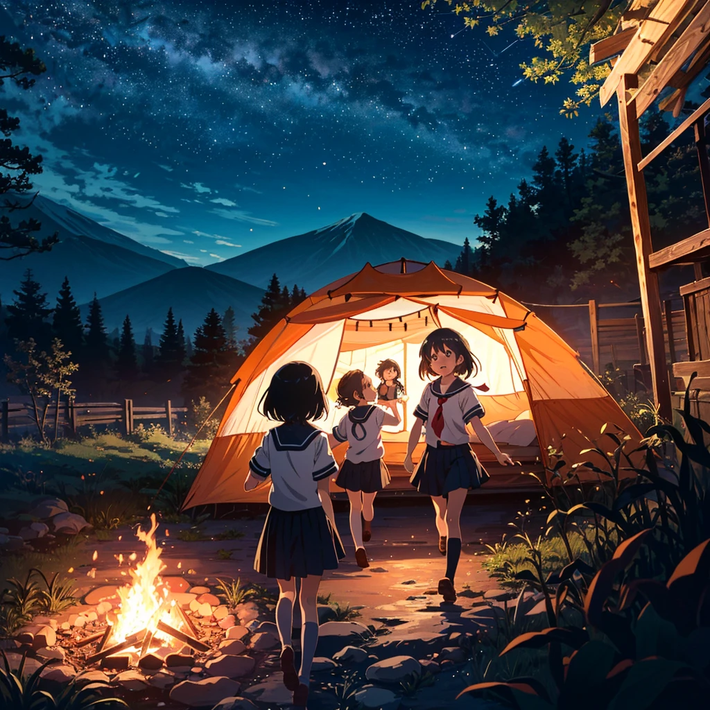 (Anime Artwork: 1.5), Best Quality, Masterpiece, (Uncensored: 0.9), Perfect Lighting, Rated_????????, Very Aesthetic, Anime, Super Detailed, 8K, Highly Detailed, Physically Based Rendering, Cinematic lighting, dynamic angle, official art, BREAK (little_girl:1.3), ((kindergartener)), casual, toddler, (kawaii:1.1), beautiful girl, girls dancing around the fire, mouth wide open, black Eyes, flat chest, BREAK 3 girls, school uniform, kindergarten uniform, summer, field, river, mountain, campfire, tent, (night sky: 1.3), (night: 1.3), pose,