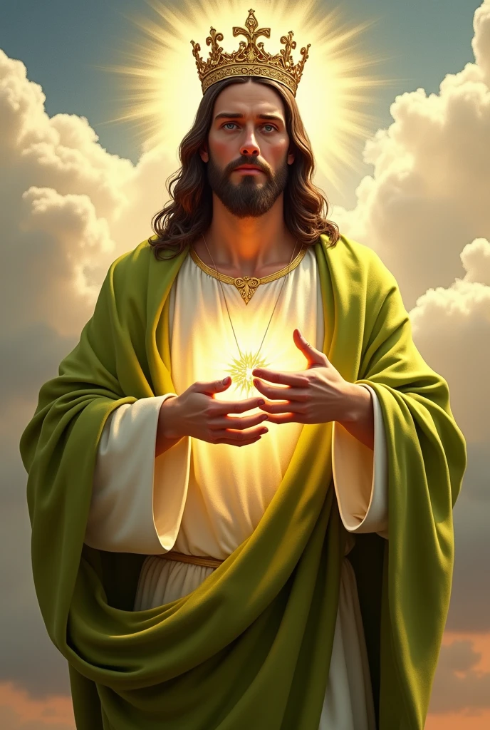 Perfect hand 5 finger, Portrait of a handsome Jesus Christ with light in his head and heart sparkling all over. wearing the lime king clothes with king crown in the clouds, Jesus Christ, real blue eyes, sunny day, intricate details.real Jesus Christ, straight head face, Straight body.Prayer Jesus Christ, perfect full body, perfect hands finger,Prayer Jesus Christ, praying Jesus Christ backgrounds natural photographic