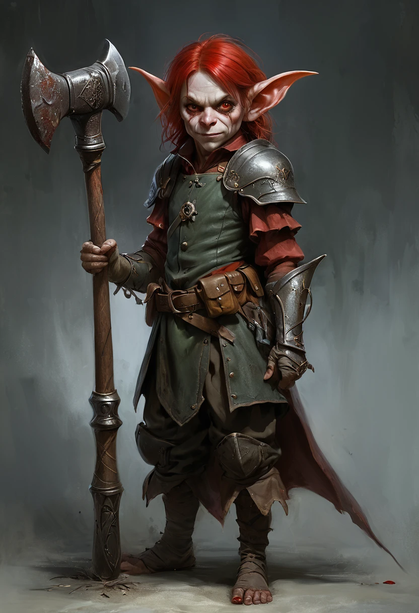 Realistic anime character, cute goblin femail, redhead, red eyes, full body portrait, holding a big hammer, little smile, in battle, dynamic composition, intricate gloomy background, dark fantasy style, dark arts, depth of field, blood of the enemies 