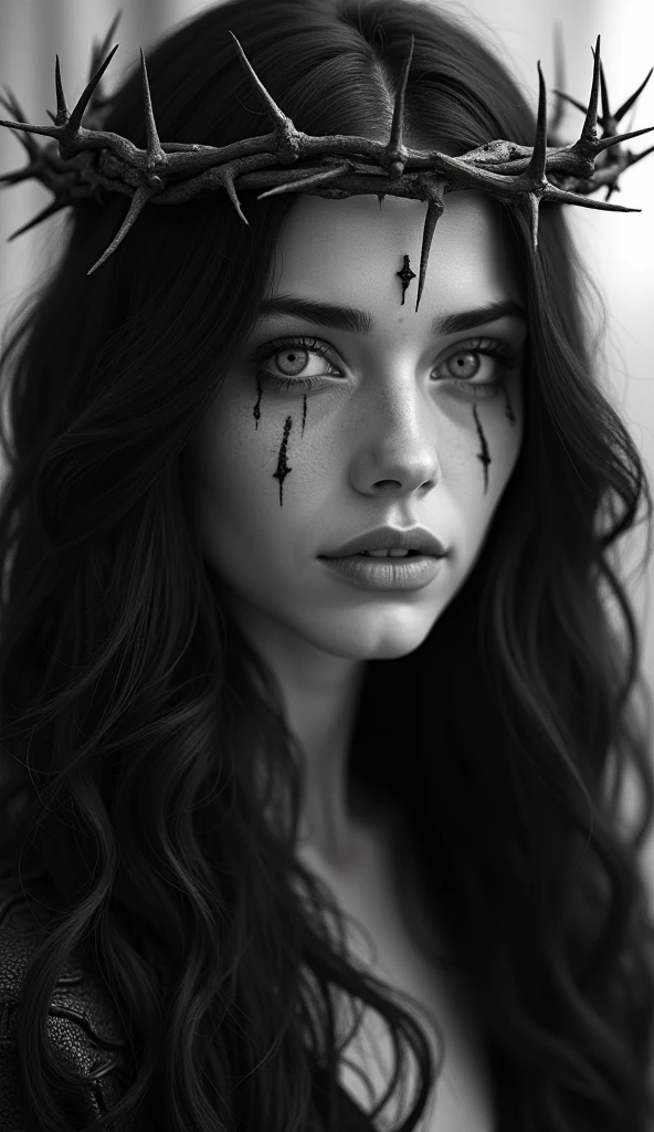 Thorns pierce the body,Long hair,Glowing eyes,black and white,Crown of Thorns,grace,Queen of Thorns
