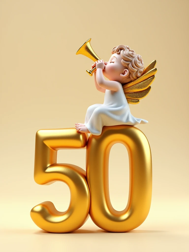 a 3d flat golden 50 with an angel sitting at the top of it with a trumpet