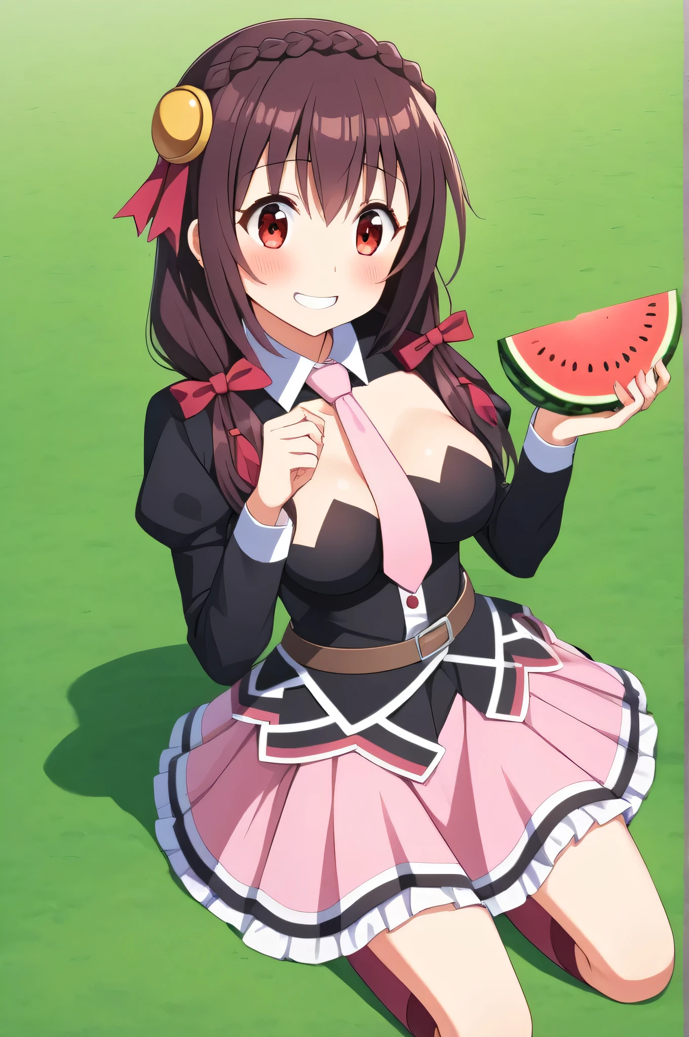 alone, One girl, Yunyun, (Surprised smile:1.5)、 (blush:1.5)、Crown braids of the same color as your hair, Red Eyes、hair ornaments, Hair Ribbon, Pink tie, Long sleeve, Pink Skirt, Knee socks, Cleavage, The background is a watermelon field、Holding a watermelon