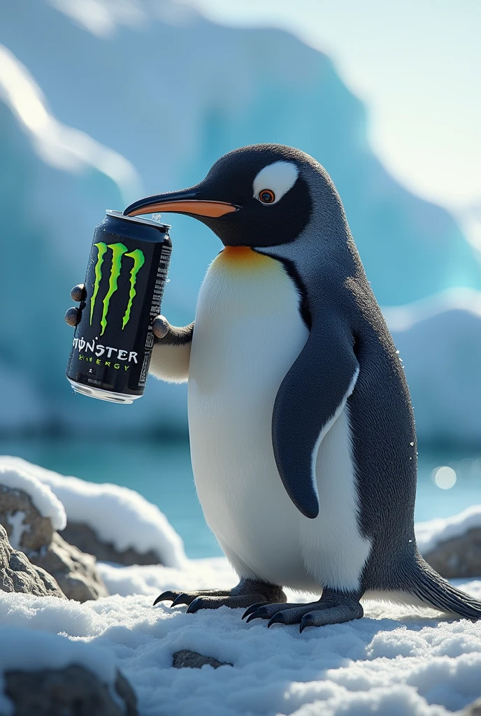 A realistic penguin drinking original monster drink
