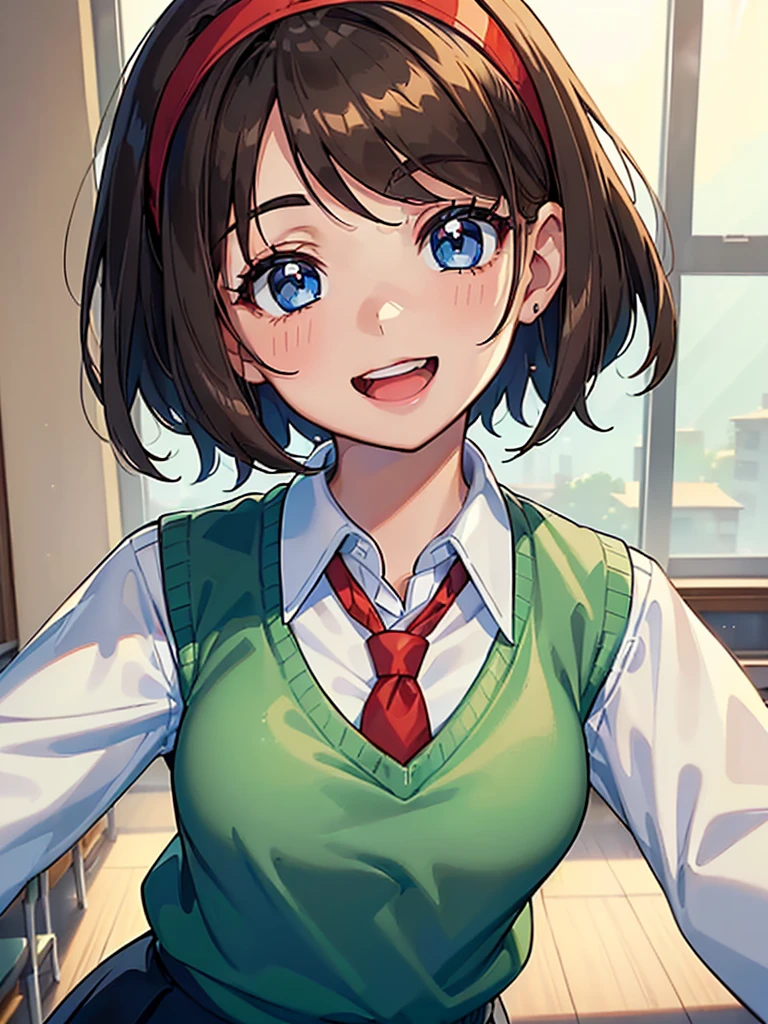 ((1girl)), ((short brown hair)), ((hairband)), ((blue eyes)), ((long sleeved white collared shirt)), ((green sweater vest)), ((red necktie)), ((black skirt)), ((big happy smile)), ((medium breasts)), ((generic girly pose)), ((big happy smile)), ((energetic)), ((bangs)), ((Kawaii)), ((face close up)), ((White shirt)), ((green sweater vest)), ((red necktie)), ((cute art style)), (((anime)), ((eyelashes)), ((friendly smile)), ((open mouth)), ((school interior)), ((long sleeves)), ((modern)), ((close up of face)), ((upper body only))