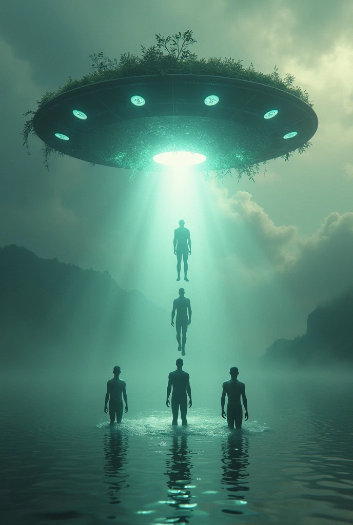 A UFO with plants that takes exactly three men in the form of shadows above water