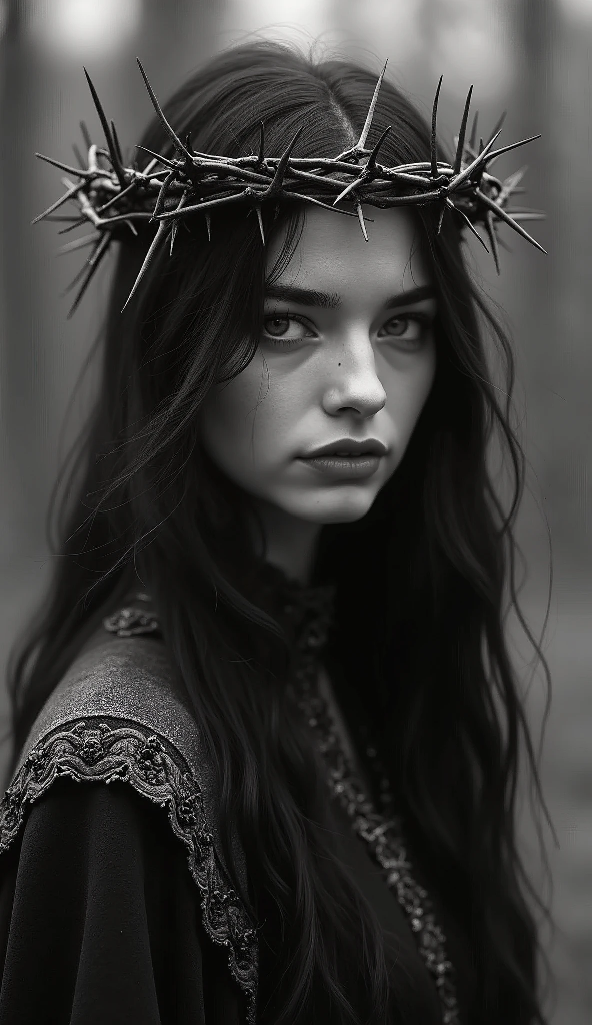 Thorns pierce the body，Long hair，Glowing eyes，black and white，Crown of Thorns，grace，Queen of Thorns