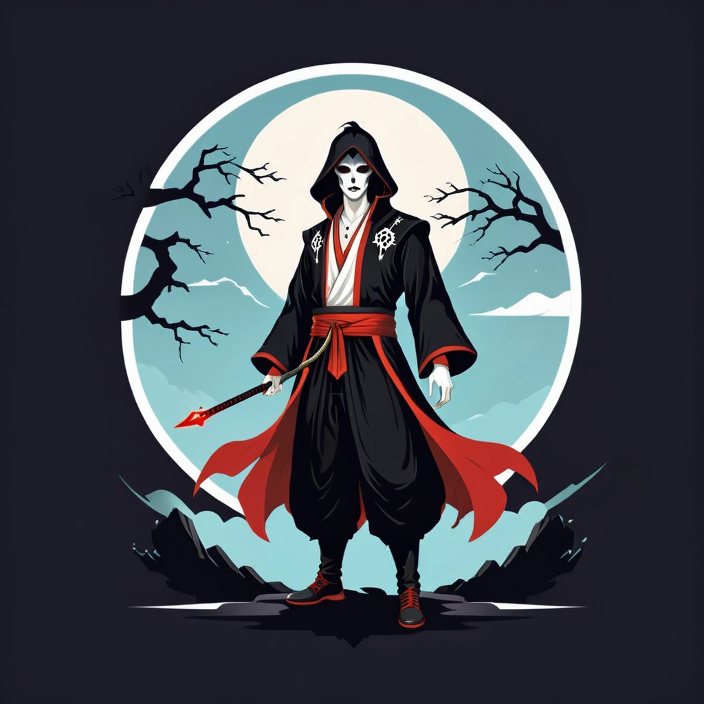 male necromancer in japan outfit, vector graphics, strong contours, logo design