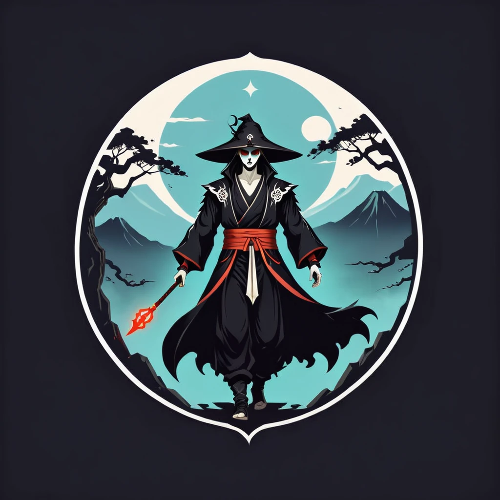 male necromancer in japan outfit, vector graphics, strong contours, logo design