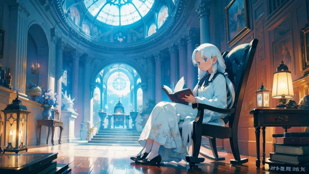 (The pieces fly), (Highest quality), Very detailed, 1 girl, Solo full body shot, Perfect Face, beautiful girl, Very detailed顔，(Long white hair:1.5)，(Blue eyes:1.4)，universe、Glass Dome、Large dome、indoor、Light、[beautiful detailed lighting][soft lighting][cinematic lighting][light particles][colorful refraction][light diffusion][light-filled room]、Fantasy、Rocking Chair、reading、View Book、Perfect Face