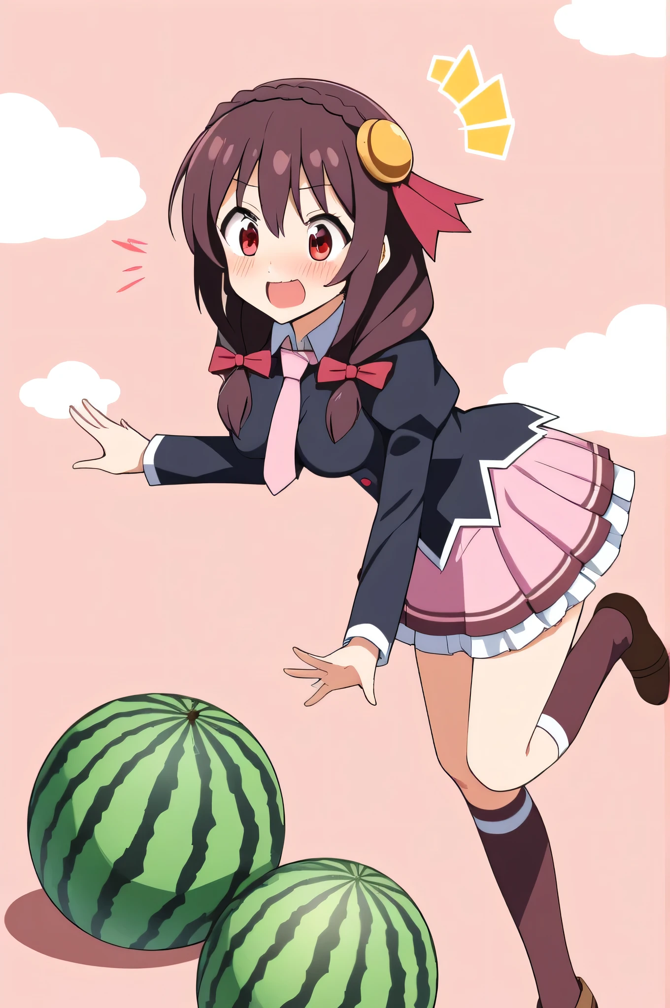 alone, One girl, Yunyun, (Surprised expression:1.5)、 (blush:1.5)、Crown braids of the same color as your hair, Red Eyes、hair ornaments, Hair Ribbon, Pink tie, Long sleeve, Pink Skirt, Knee socks, Cleavage,  The background is a watermelon field、Being chased by a watermelon with a face