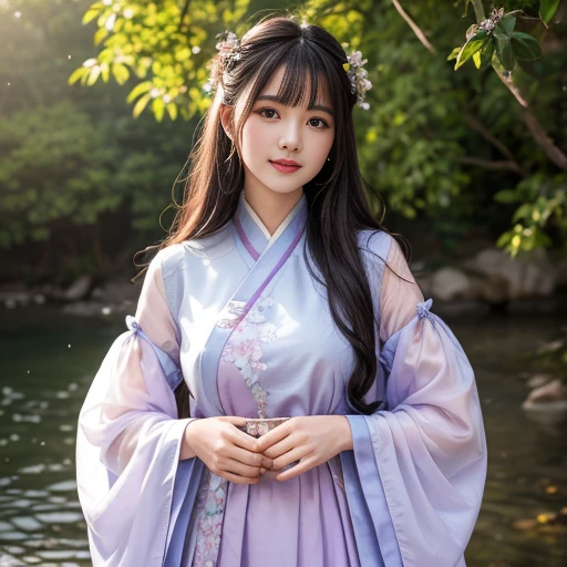 best quality, Delicate face,beautiful visual work, lifelike, eternity, black hair, Long curly hair, blunt bangs, Smile, Detailed Background, Delicate face,blush,cold,((masterpiece))、(top quality)、8k、high detail、Super detailed,31-year-old female,身穿唐制Hanfu、waist skirt, Clothes are light and fluffy,Hanfu, wide sleeves, Transparent sleeves, Long sleeve, Tunic, Clothes made of chiffon, masterpiece、born、Scenes resembling fairy tale illustrations、intricate details和複雜的設計、Beautifully、magic、capricious、 Beautifully、Dream aesthetics、「𝓡𝓸𝓶𝓪𝓷𝓽𝓲𝓬、ethereal、charming、fickle、magic」、realism、Visual effects、FXAA、SSAO、Shader、voiceless、ambient lighting、Tone mapping、High resolution、Ultra high quality、Million pixels、(8K resolution:1.10)、8k、8k以下、8K resolution、high detail、intricate details, (high quality:1.2、masterpiece:1.2、:1.21)、(31-year-old female:1.21)、(興奮地Smile)、(被dream般的氛圍所包圍、Model diagram,full-body shot,Normal 2 feet,Put your hands behind you,The protrusion of the breast is visible when wearing clothes, Large Breasts, H cup chest, antiquity, Xian Xia, gauze clothes, Soft and fluttering, Fairy, dream, fantasy, light, Elegant, nature, Immortal, romantic, classical, ribbon, light purple clothes,Behind the Forest