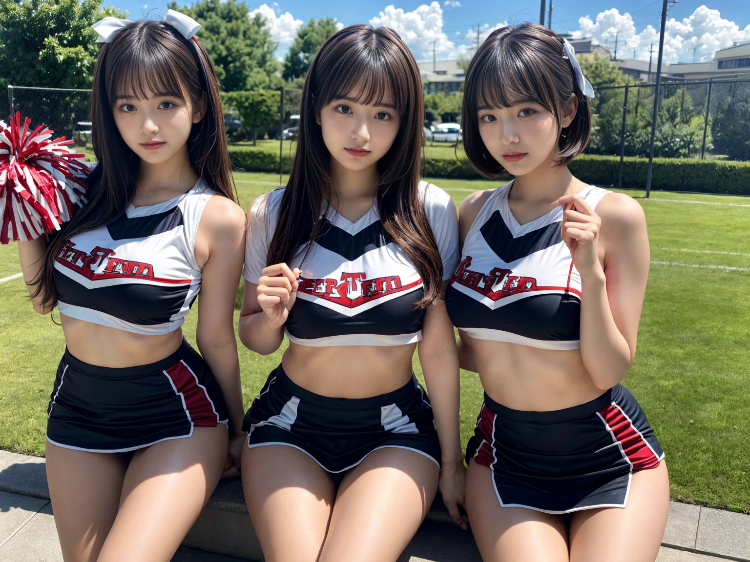 masterpiece, best quality, illustration, Super detailed, fine details, High resolution, 8K,wall paper, perfect dynamic composition,(Details High quality, realistic depiction of eyes:1.3), (3 girls), (cheer girl:1.5),(a miniskirt), sitting, open legs, short bob hair, in a hotel room in the background, deep on field, large breasts, black hair color, Big Natural Color Lip, (perfect body shape), crying a little、Harajuku style、20 year old girl、cute type、beautiful legs, Gravure Idol