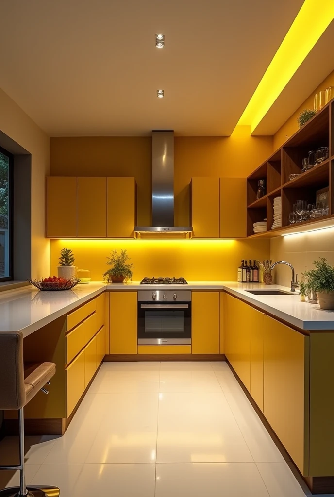 large fitted kitchen, sophisticated design, yellow lighting color
