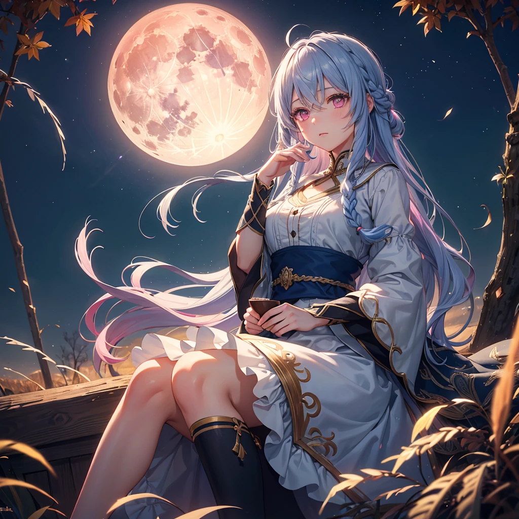 (Sky blue braided medium length hair), (Pink eyes),(Fair skin) ,(whole body),(One Girl),(harvest moon),(A large amount of Miscanthus sinensis in the background),autumn,(full moon),(masterpiece, Highest quality, Very detailed, Best Shadow), (Detailed Background), (Beautifully detailed face), High Contrast, (Best lighting, Very delicate and beautiful), ((Cinematic Light)), Hyper Detail,8k, Dramatic Light, Intricate details