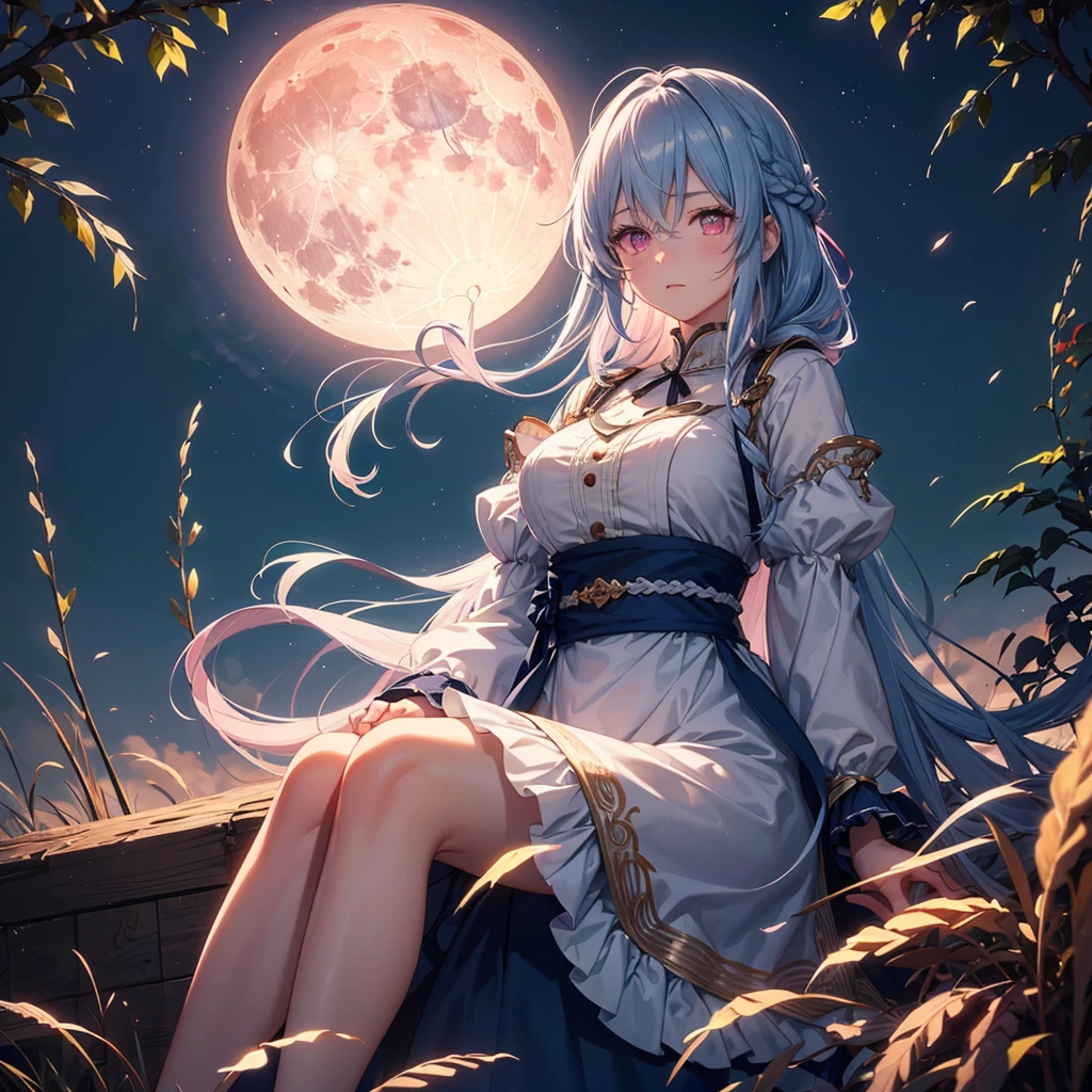 (Sky blue braided medium length hair), (Pink eyes),(Fair skin) ,(whole body),(One Girl),(harvest moon),(A large amount of Miscanthus sinensis in the background),autumn,(full moon),(masterpiece, Highest quality, Very detailed, Best Shadow), (Detailed Background), (Beautifully detailed face), High Contrast, (Best lighting, Very delicate and beautiful), ((Cinematic Light)), Hyper Detail,8k, Dramatic Light, Intricate details