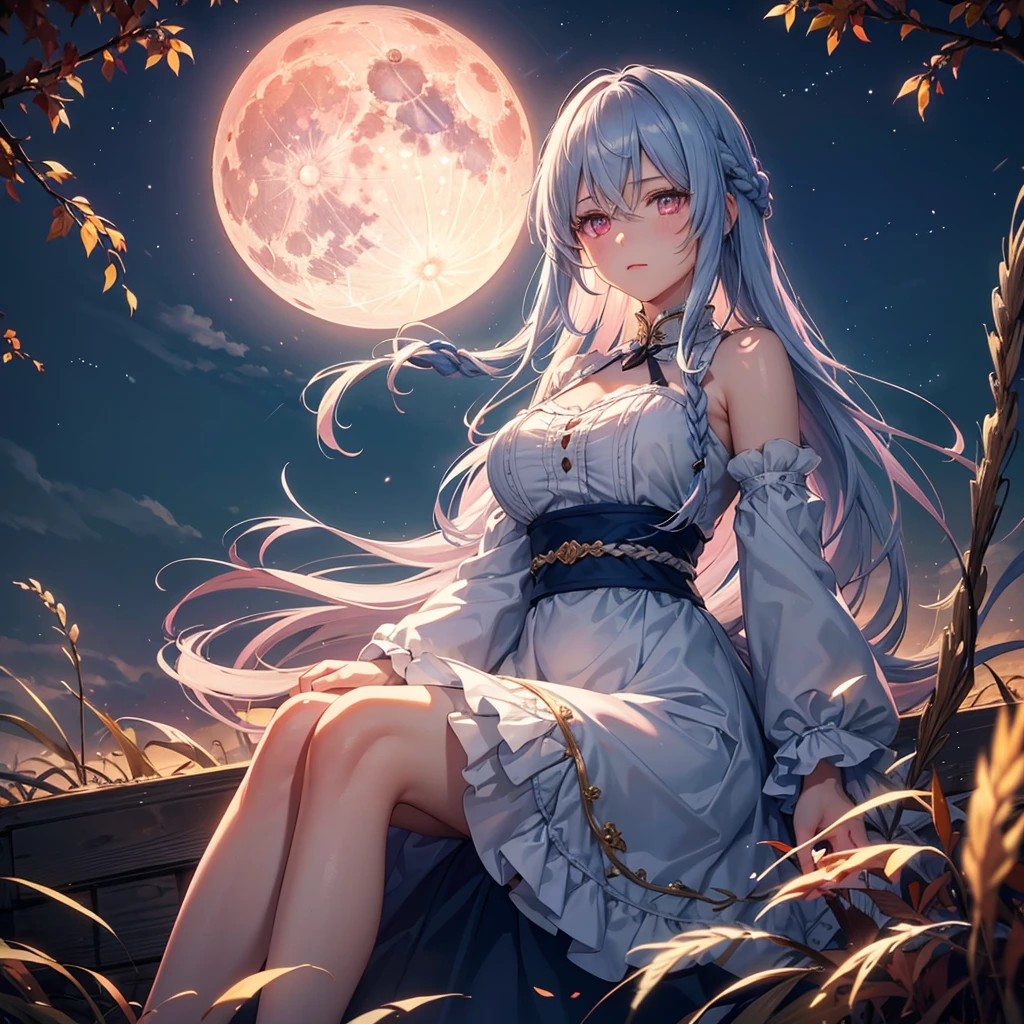 (Sky blue braided medium length hair), (Pink eyes),(Fair skin) ,(whole body),(One Girl),(harvest moon),(A large amount of Miscanthus sinensis in the background),autumn,(full moon),(masterpiece, Highest quality, Very detailed, Best Shadow), (Detailed Background), (Beautifully detailed face), High Contrast, (Best lighting, Very delicate and beautiful), ((Cinematic Light)), Hyper Detail,8k, Dramatic Light, Intricate details