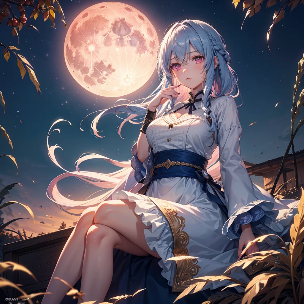 (Sky blue braided medium length hair), (Pink eyes),(Fair skin)  ,(whole body),(One Girl),(harvest moon),(A large amount of Miscanthus sinensis in the background),autumn,(full moon),(masterpiece, Highest quality, Very detailed, Best Shadow), (Detailed Background), (Beautifully detailed face), High Contrast, (Best lighting, Very delicate and beautiful), ((Cinematic Light)), Hyper Detail,8k, Dramatic Light, Intricate details