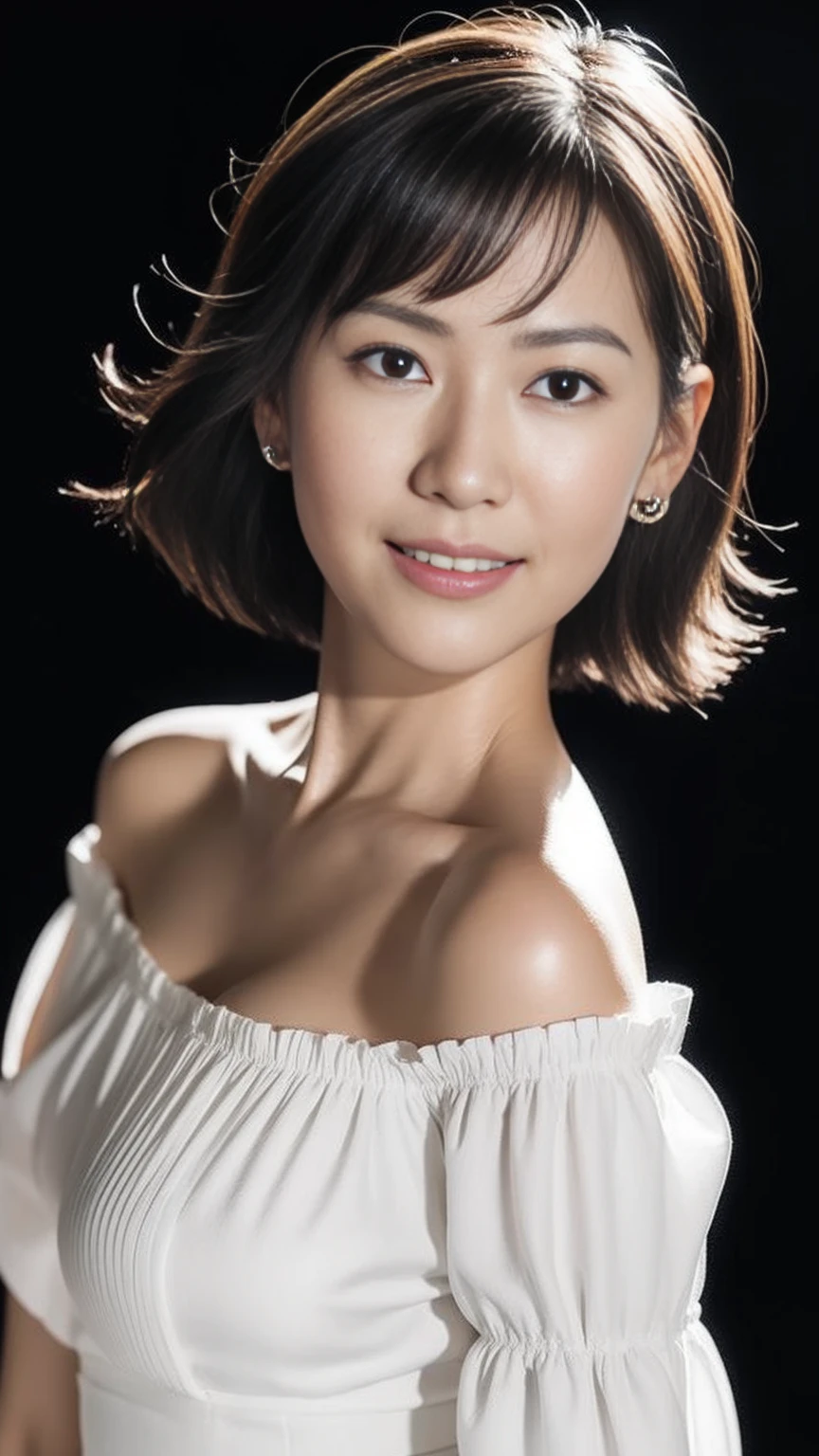 (((Highest quality)), ((8k)), ((masterpiece: 1.3)), (Photorealism: 1.6), (JMA), (Who), (Portrait of a Japanese mature woman), (Pitch black background: 1.2), (Woman standing diagonally facing forward: 1.4), (65-year-old woman), (Perfect looks), ((Realistic skin texture)), (Fine wrinkles all over the skin), (Dullness), (Facial wrinkles), (Wrinkles around the eyes), double eyelid, Tear bags under the eyelids, (Grimacing and laughing), Short bangs, short hair, (Loose-fitting one-shoulder elegant blouse: 1.2), (Close-up of face),