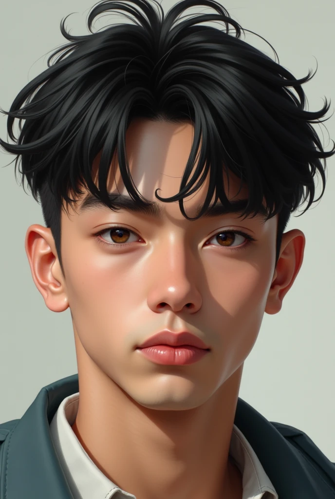 Give me the face of a 17 year old man with black hair, brown eyes, thick eyebrows, a little chubby cheeks, and medium lips.