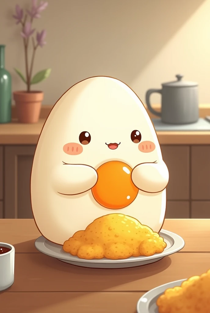 A cute egg character is eating omurice