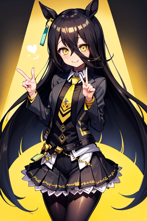 masterpiece, Highest quality:1.2), Manhattan cafe(umamusume), One Woman, alone,Glowing Skin、Yellow Eyes、Eyes without highlights、Thick legs、Are standing、Cowboy Shot、smile、Black Skirt,Black Business Shirt、Yellow tie,Black jacket,pantyhose