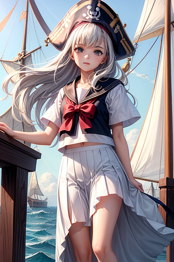 One Girl, pirate, Highest quality、Cinema Lighting、Sailor suit、Long skirt、 sailboat(Galleon)On the mast、White panties,