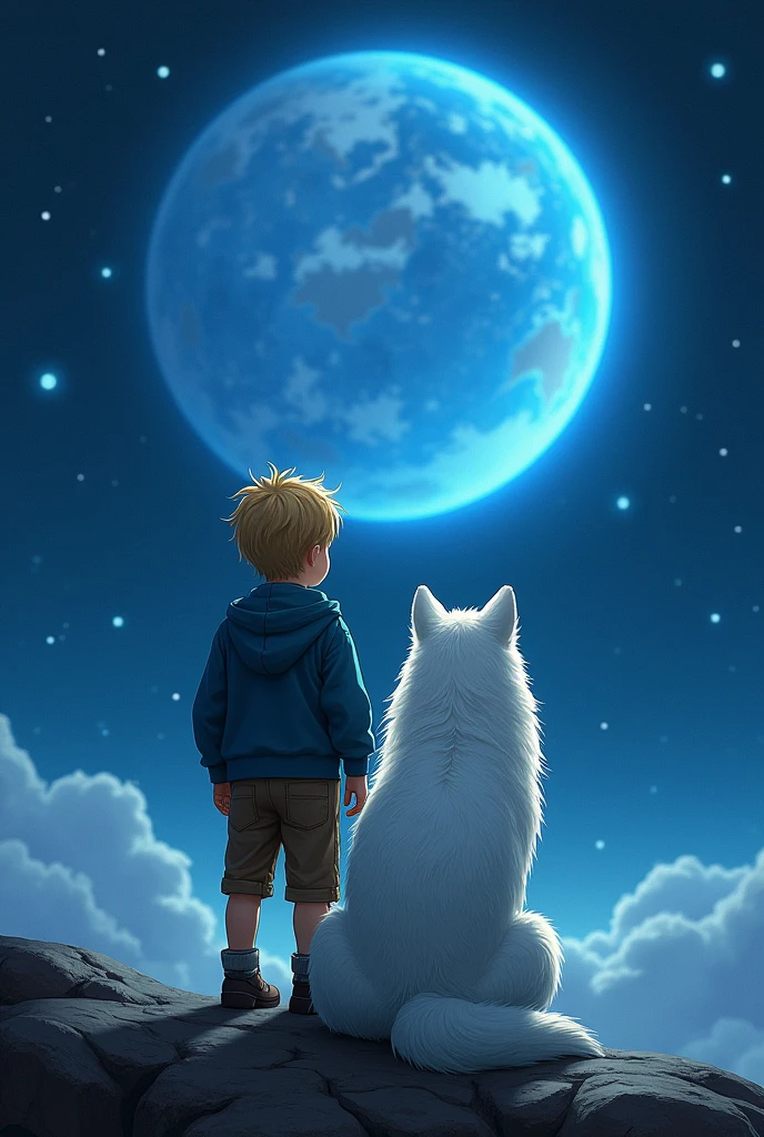 A blond boy and a white wolf standing side by side, looking at the blue glowing Earth from a small planet.
