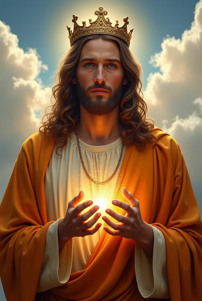 Perfect hand 5 finger, Portrait of a handsome Jesus Christ with light in his head and heart sparkling all over. wearing the orange king clothes with king crown in the clouds, Jesus Christ, real blue eyes, sunny day, intricate details.real Jesus Christ, straight head face, Straight body.Prayer Jesus Christ, perfect full body, perfect hands finger,Prayer Jesus Christ, praying Jesus Christ backgrounds natural photographic