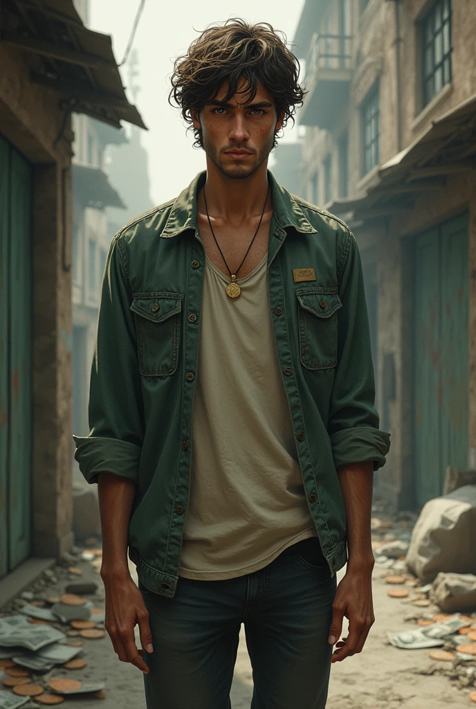 "Create a digital illustration of a young, humble man in his late 20s to early 30s. He should have a weary but determined expression, wearing simple, worn-out clothing that reflects his struggles—perhaps a tattered jacket or faded shirt and pants. The background should evoke a sense of hardship and financial difficulty, such as a rundown urban environment, a small, cluttered room, or an empty street. Subtle elements of finance can be included, like bills, coins, or loan papers scattered around, representing the challenges he faces. The man's expression should be thoughtful and resilient, representing hope despite adversity. The overall color scheme should be muted and somber, using tones like gray, brown, and dark green to convey a sense of struggle and determination."