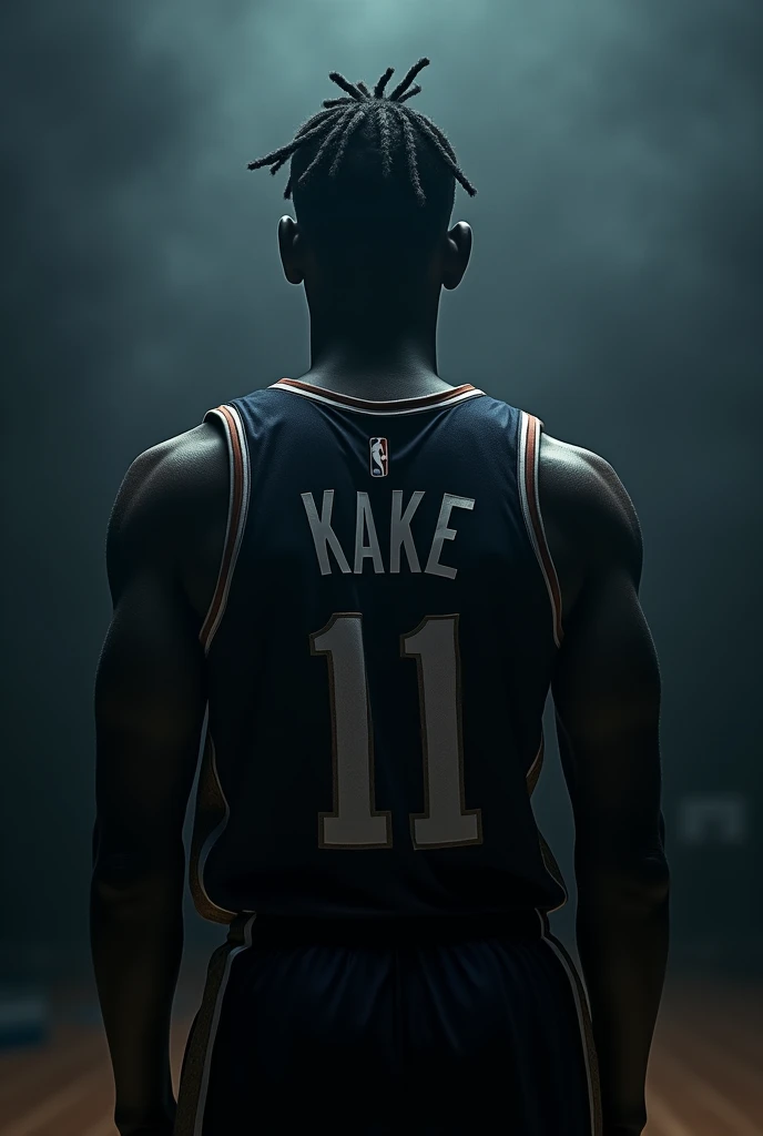 Photo dark d'un basketeur marron avec  cornrows qui fait dos au caméra numéro 11 et dont c'est écrit KAKE sur son maillot 