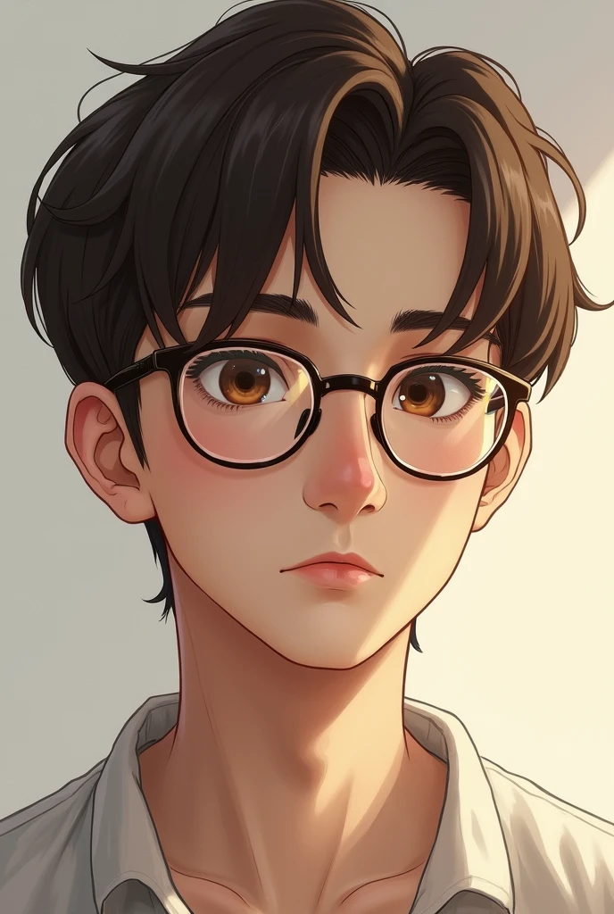 Portrait of a young male, Brown eyes, Brown hair, short hair, delgado, With glasses