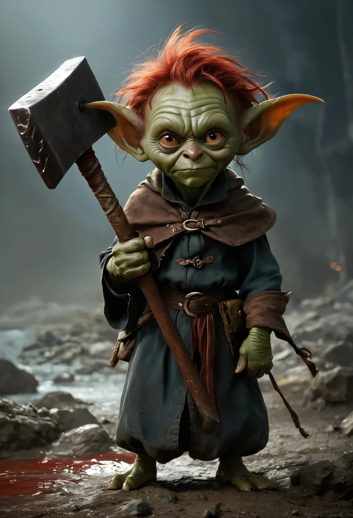 Realistic anime character, cute goblin femail, redhead, red eyes, full body portrait, holding a big hammer, little smile, in battle, dynamic composition, intricate gloomy background, dark fantasy style, dark arts, depth of field, blood of the enemies 