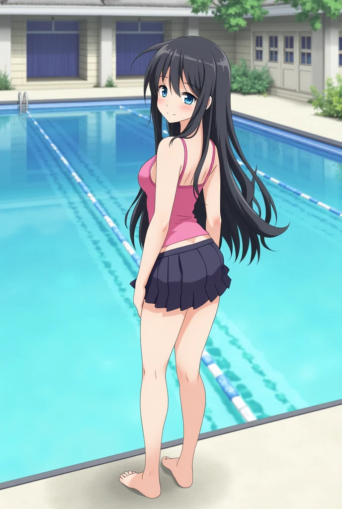 Standing by the pool at an empty school、Long black hair、、Swimwear、mini skirt、Cute Face、barefoot、Smiling、Full body portrait