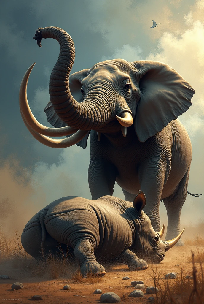 Size: 1024x1024

/imagine a dramatic showdown between a rhinoceros and an elephant, with the elephant triumphing. The scene is set in a dynamic and artistic Midjourney style, capturing the intensity of the moment and the grandeur of the elephant.rhinoceros lying on the ground Size: [Specify Size]
