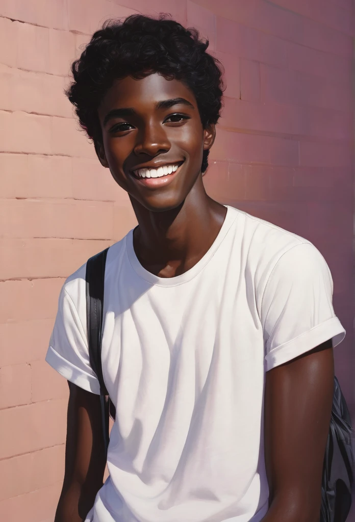 Teen,male,dark hair, thin body, black skin, brown eyes, white teeth, whole body