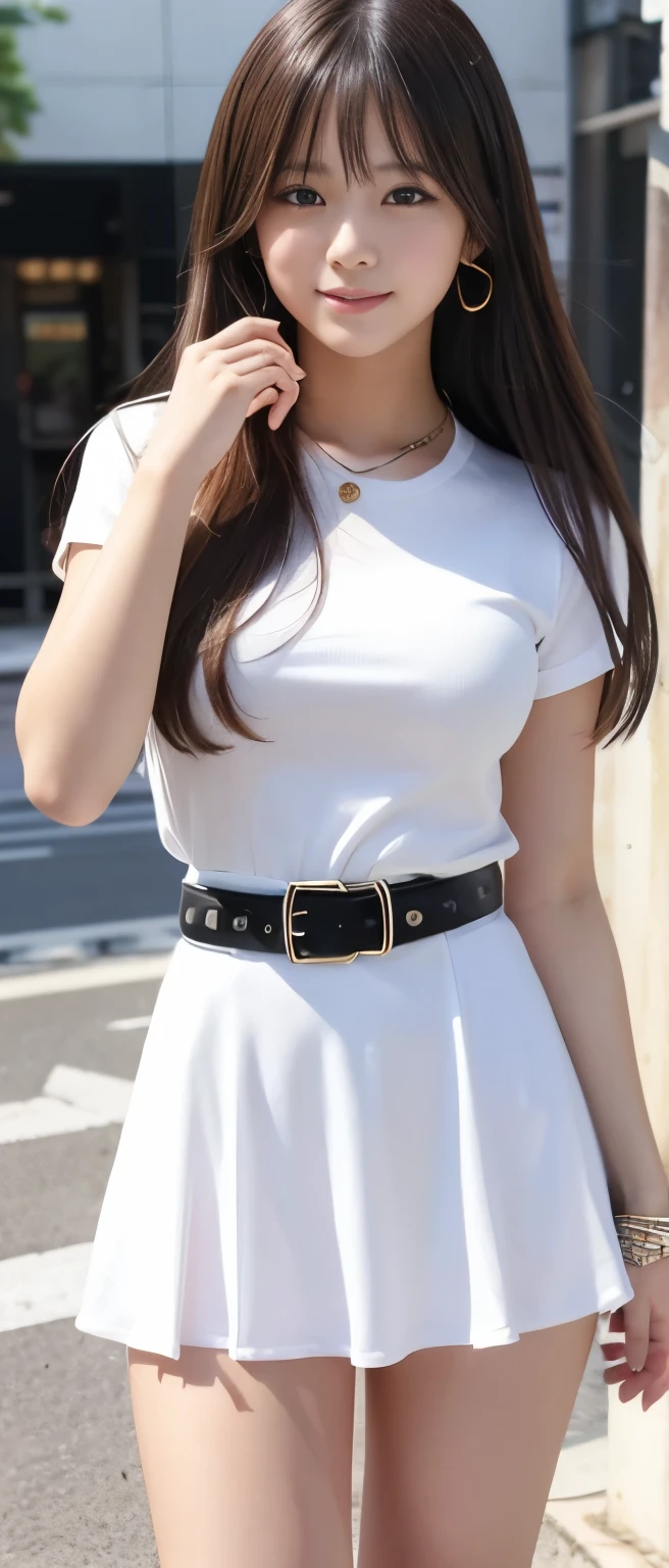 Cute Teen Idol Girl、whole body、Good style、、、、、、、、、、Thick legs、White Tight Dress(black shirt、)、、Cool girl face、、Cool Belt
