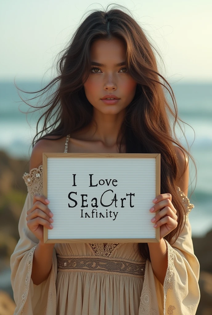 Beautiful girl with wavy long hair, bohemian dress, holding a white board with text "I Love Seaart Infinity" and showing it to the viewer