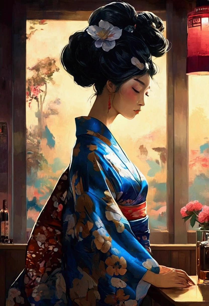 Taisho Romance obert johnson, gritty, alabama bar, blue note, charismatic , leopard skin dress, illustration, noir fantasy, lone lady, sad ending, japanese kimono woman pianist blues bluesmusic blues bar sad feeling dark moonlight usa america south blues bar