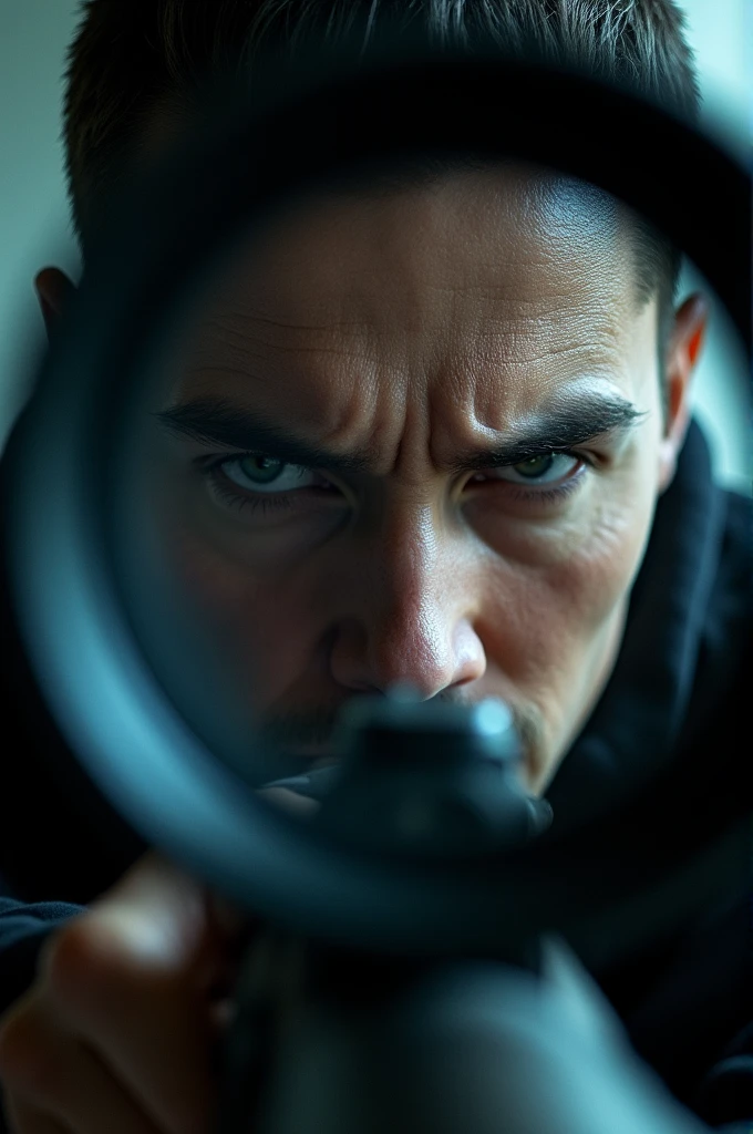 Intense Focus: A close-up of the person with a determined expression, looking through a sniper scope. The background could show a distant target or the grandmaster lobby environment.
