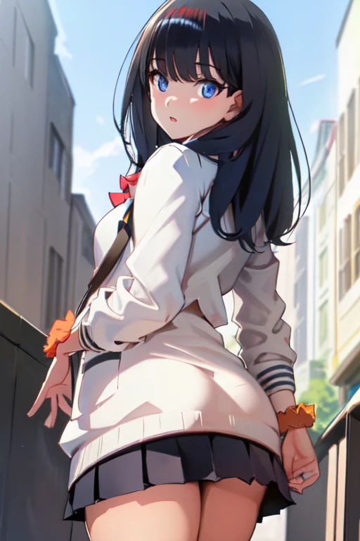  ultra-detailed,
master piece,best quality,high resolution,
beautiful eyes,detailed eyes,detailed face,
beautiful detailed eyes,symmetrical clear eyes,
1girl,back track rich, Black Hair, alone, blue eyes, Wrist scrunchies, Long Hair, Red socks, , Black Skirt, bangs, Pleated skirt, Orange Scrunchie, Red Bow, White cardigan, Long sleeve, bow tie, loafers, White shirt, mini skirt, White sweater, Small breasts,wide hips,