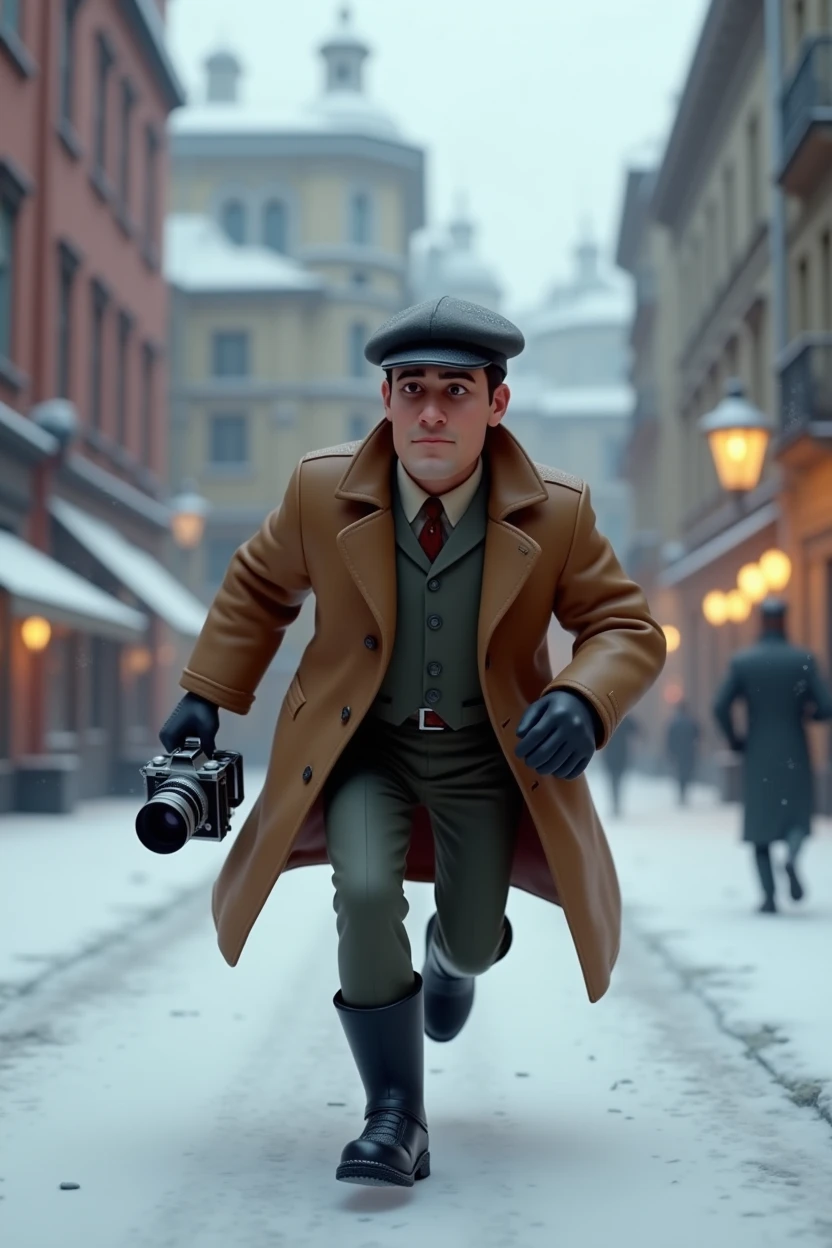 A want a Russian journalist character. with a vintage camera on his hand. running from something in a snow old city. The man is in the med of 30s. The time of the character is in the 1900s. The character is animation 3d Pixar and Disney style. Full body as a Movie poster. with face expression. Only in pixar cartoon style. He is wearing a black boots. And vintage jacket with flat hat. Adventure. Action. Cartoon style.